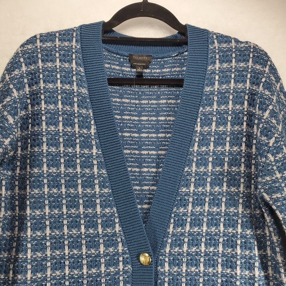 Talbots 100% Merino Wool Longline Cardigan S Small Blue Gold Buttons Plaid Soft - Picture 6 of 10